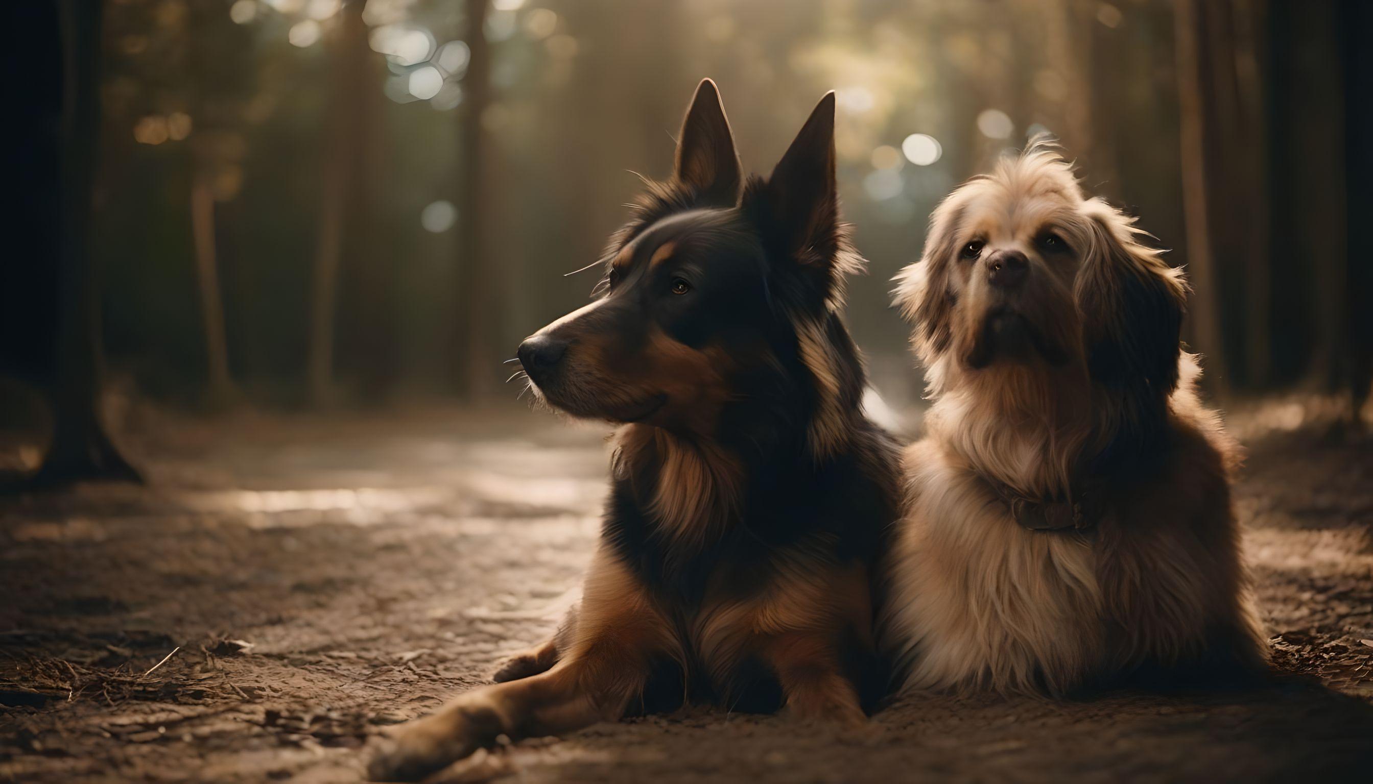 Perros tumbados en un bosque a la espera de una orden de su adiestrador