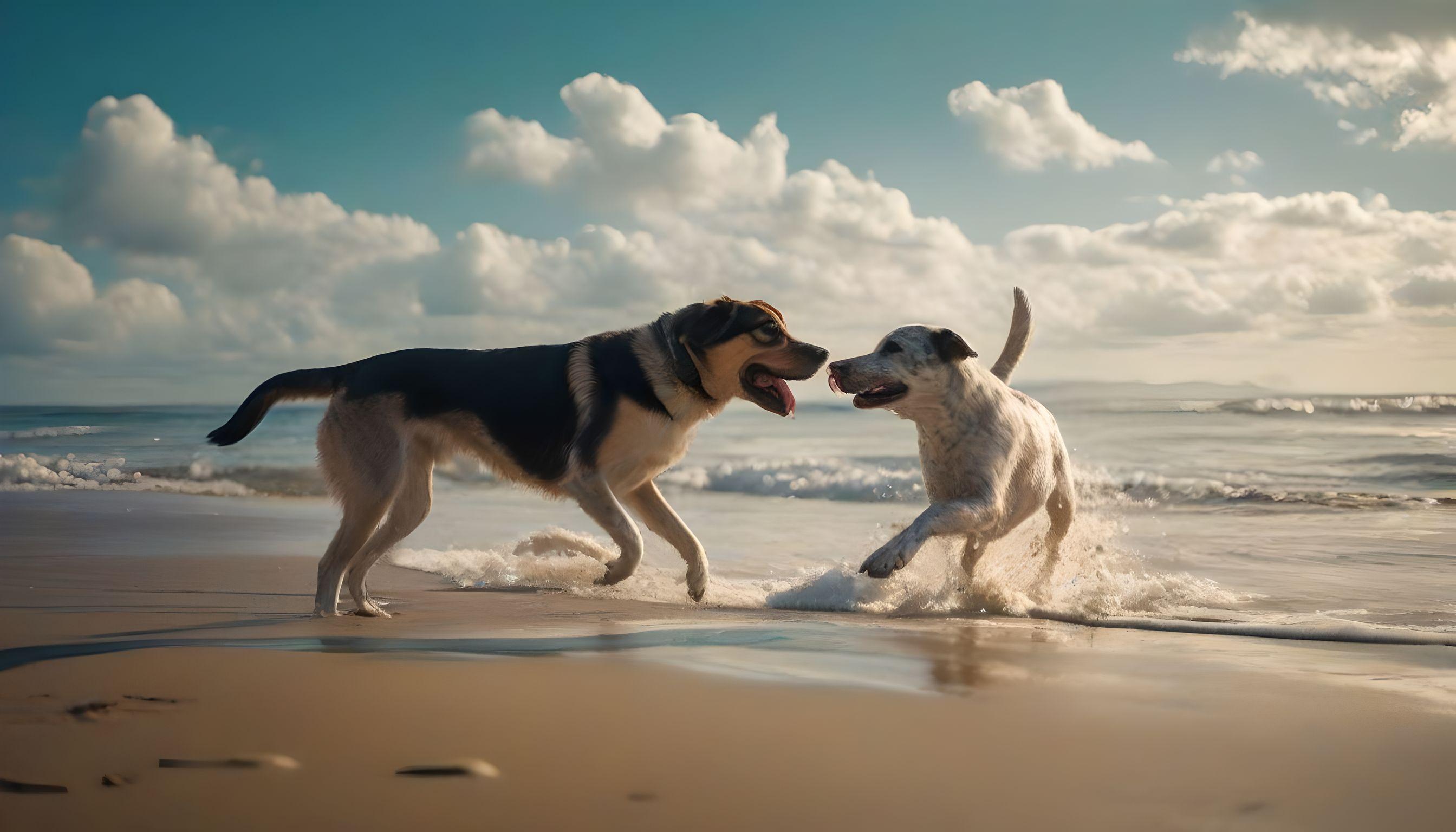 Dos perros jugando en la orilla del mar