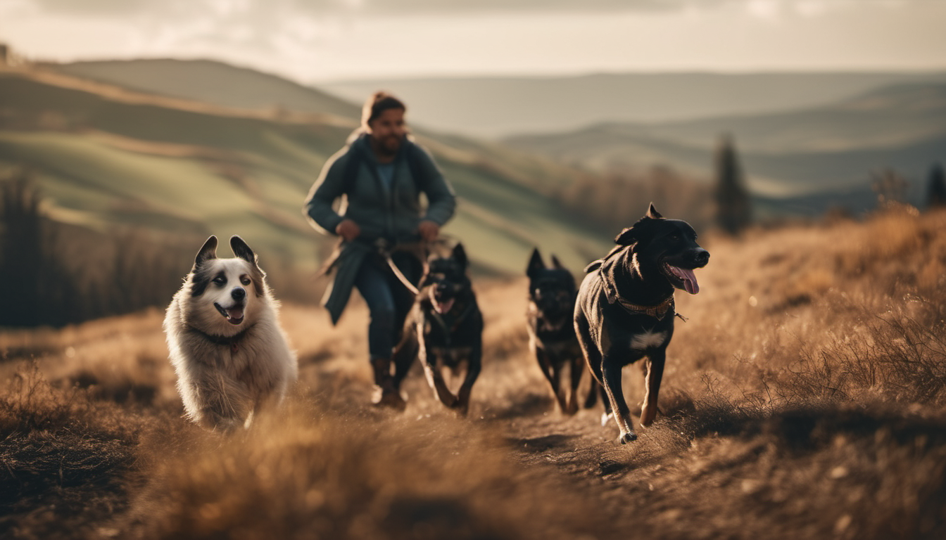 Una persona divirtiéndose mientras pasea a sus cuatro perros por el campo